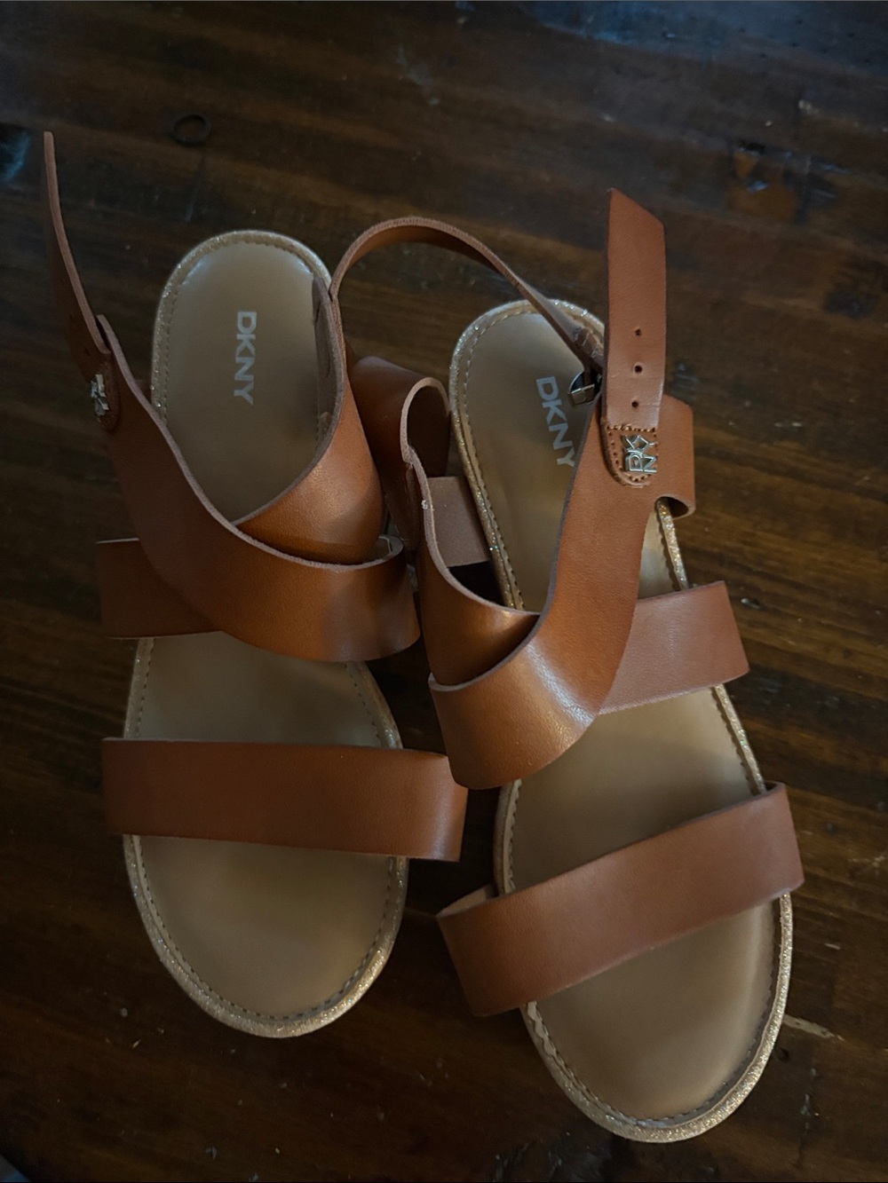 DKNY Cognac Brown Leather Triple-Strap Slingback Sandals